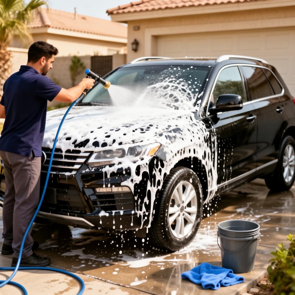 Mobile detailing crew polishing a car at a Middle East villa